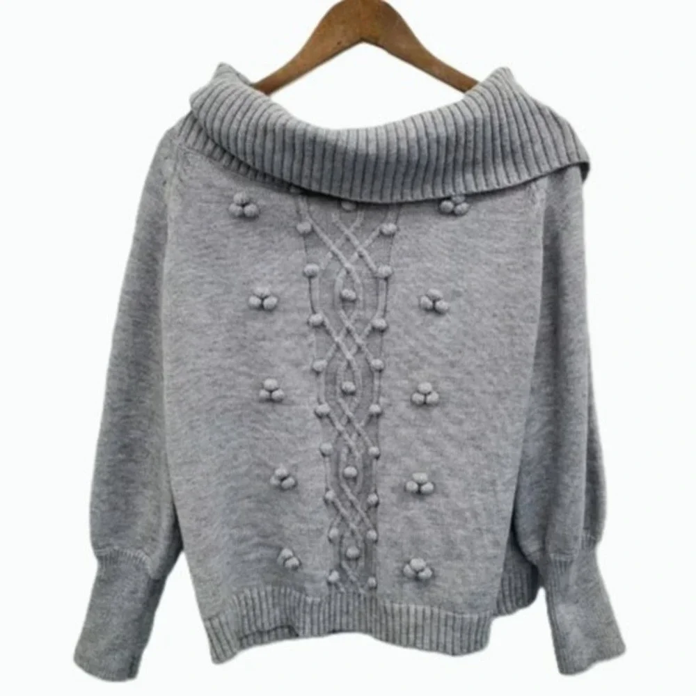 Womens 1X Gray Knit‎ Bobble Sweater Pullover Off Shoulder Slouchy Collar Winter